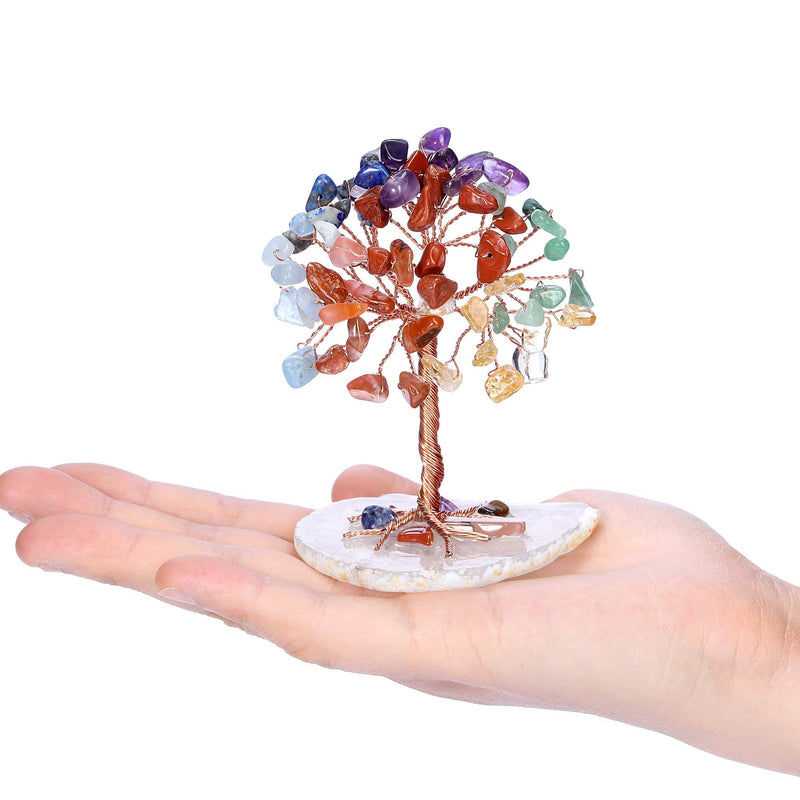 Jovivi Bundle - 2 Items Double Heart Tree of Life Hanging Ornament 7 Chakra Reiki Healing Crystals + 7 Chakra Healing Crystals Tree on Agate Slice Base