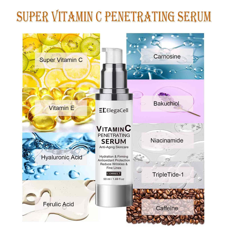ElegaCell Super Vitamin C Serum for Women Over 70 - All-in-One Hydrating Anti-Aging Formula by Vitamin C, Hyaluronic Acid, Caffeine-Firming, Hydrating,Lifting, Face Wrinkles 1.69 fl oz 1.69 Ounce (Pack of 1)