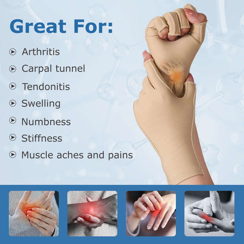[Australia] - NURCOM Compression Arthritis Gloves Support for Women & Men, Relieve Pain & Swelling from Arthritis, Carpal Tunnel, Tendinitis, Tendonitis, Single Glove for Left & Right Hand, Open Finger Beige Small Beige(single Fits Both Hands) 