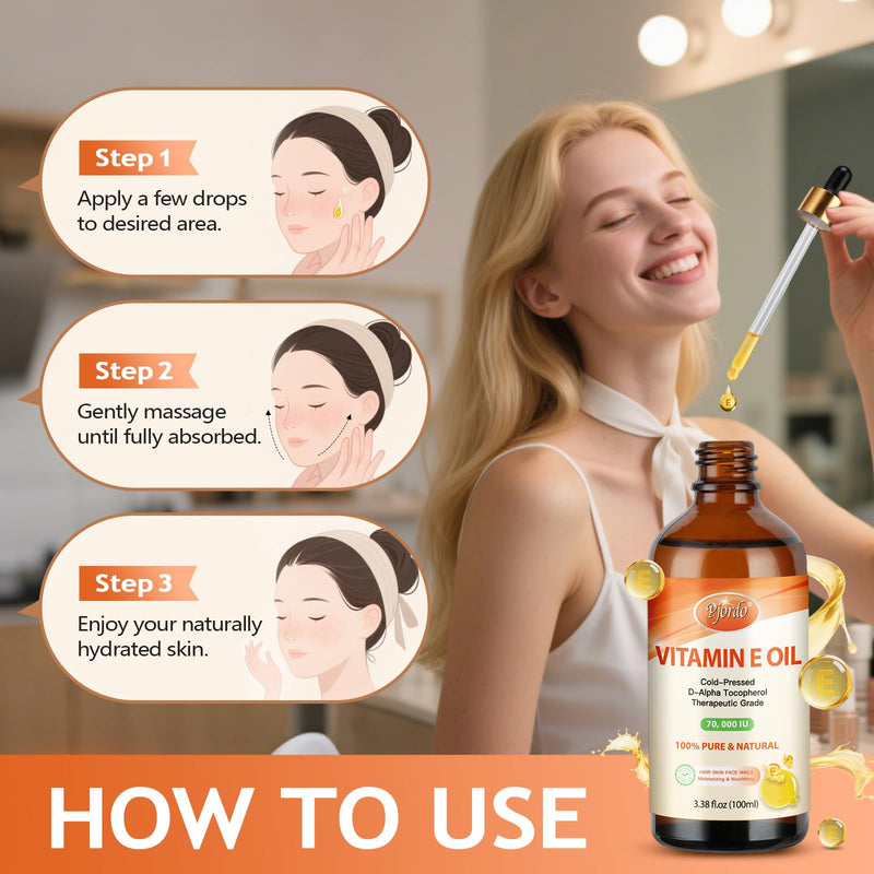 Pjordo Vitamin E Oil - 100% Pure & Natural, 70,000 IU Cold-Pressed Organic Vitamin E Oil for Skin, Face, Hair, Nails & Scars, D-Alpha Tocopherol Rich, Deep Moisturizing and Firming Skin