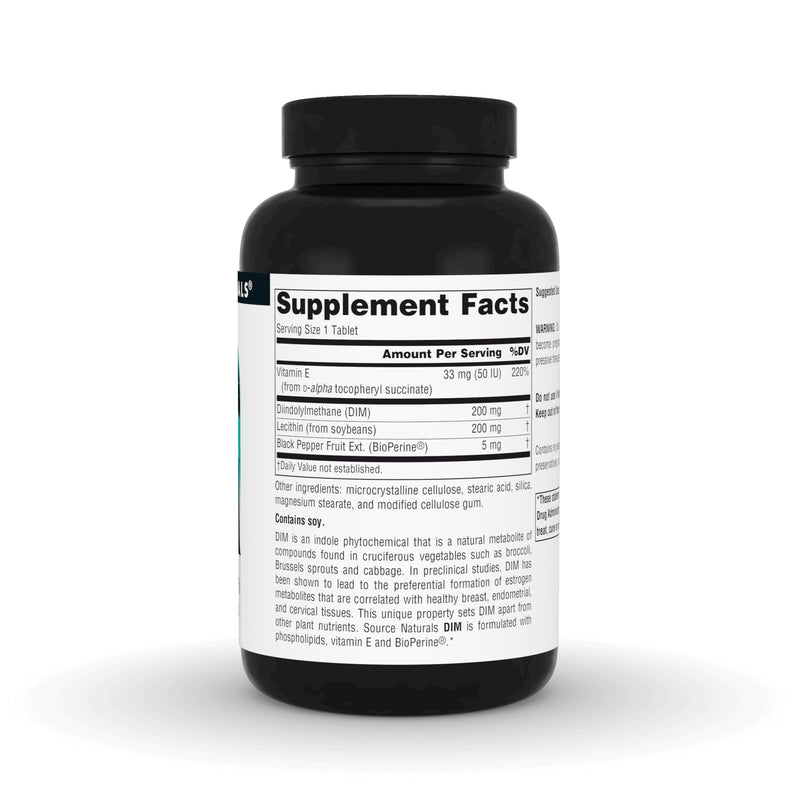 Source Naturals, DIM, Diindolylmethane - 200mg - 120 Tablets | Supports Womens Health | Made With BioPerine, Vitamin E & More | Contains Soy