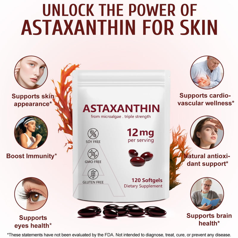 Astaxanthin Supplements 12mg 120 Softgels,Premium Astaxanthin Antioxidant Supplements,Fresh Microalgae Source,High Absorption for Eye & Skin Support,Natural Formula,Fresh Microalgae Source