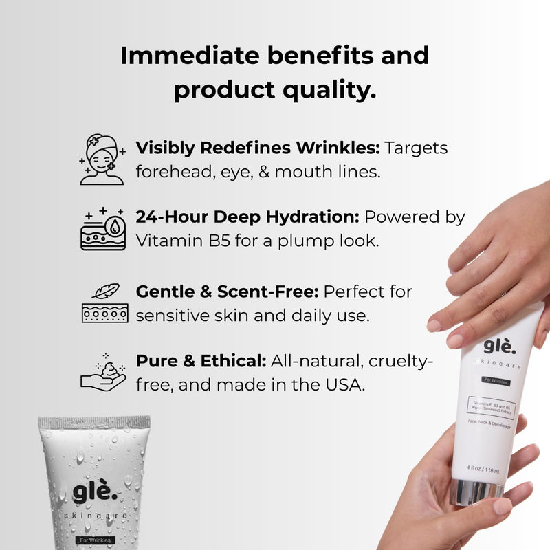 Gle for Wrinkles, Fine Lines and Aging Spots Anti-Aging Skincare Moisturizer with Vitamin E, Algae Extract and Vitamins B3 and B5 4 Fl Oz (Pack of 1)