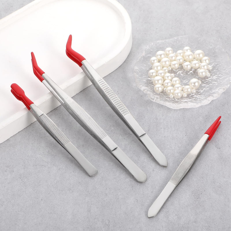 [Australia] - 4 Piece Tweezers with Rubber Tips Tweezers Flat Curved Tip with Red Silicone Coated PVC Rubber Jewelry Tweezers Long Tweezers for Stamp Jewelry Hobby Craft Industrial Electronic 