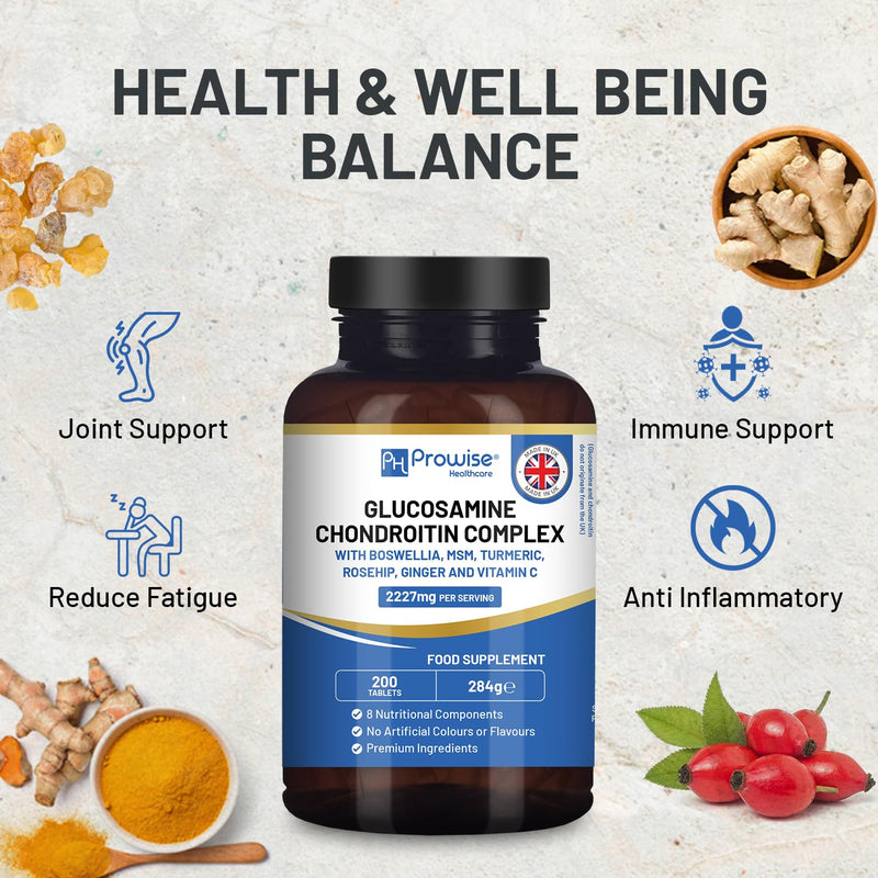 [Australia] - Glucosamine and Chondroitin Complex 2227 mg per serving | 200 highly effective tablets | 8 nutritional components | Made in the UK by Prowise 