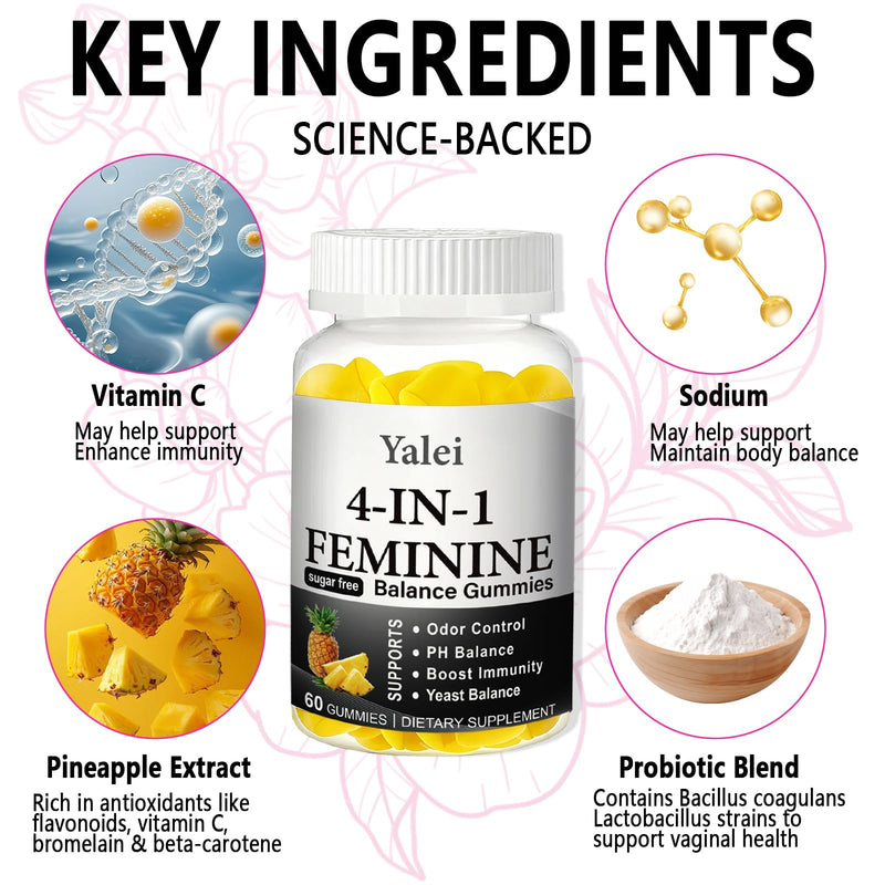 Premium Feminine Balance Gummies & PH Balance Gummies for Women | Immune Support & Healthy Odor & Flora - Vegan,Non-GMO - Hawaiian Pineapple,60 Count