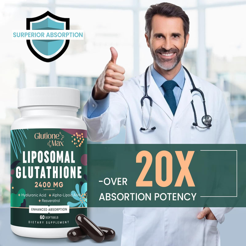 [Australia] - 2400MG Liposomal Glutathione | Max Absorption | Glutathione Supplement with Hyaluronic Acid, Resveratrol, L - Glutathione Reduced, Non - GMO Antioxidant , Energy, 60 Softgels 60 Count (Pack of 1) 