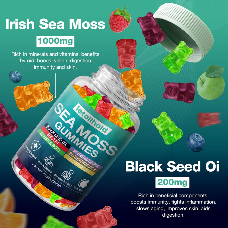 Sea Moss Gummies - Irish Sea Moss Gummies Advanced for Adults with Ashwagandha Bladderwrack & Burdock Root for Supports Immune，Energy - 60 Vegan Gummy,2PCS 60 Count (Pack of 2)