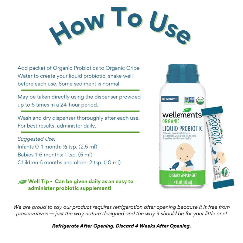 Wellements Certified USDA Organic Liquid Probiotic 4 Fl Oz, Gripe Water & Probiotics for Infant Digestion & Immune Health, Relief for Gas, Colic & Hiccups, Free from Dyes, Parabens, Preservatives