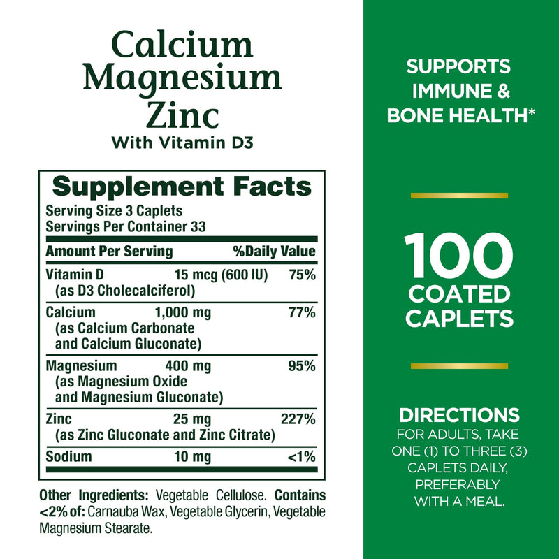 [Australia] - Nature's Bounty Calcium Magnesium & Zinc Caplets, Immune & Supporting Bone Health, 100 Count Calcium Magnesium Zinc 100 Count (Pack of 1) 
