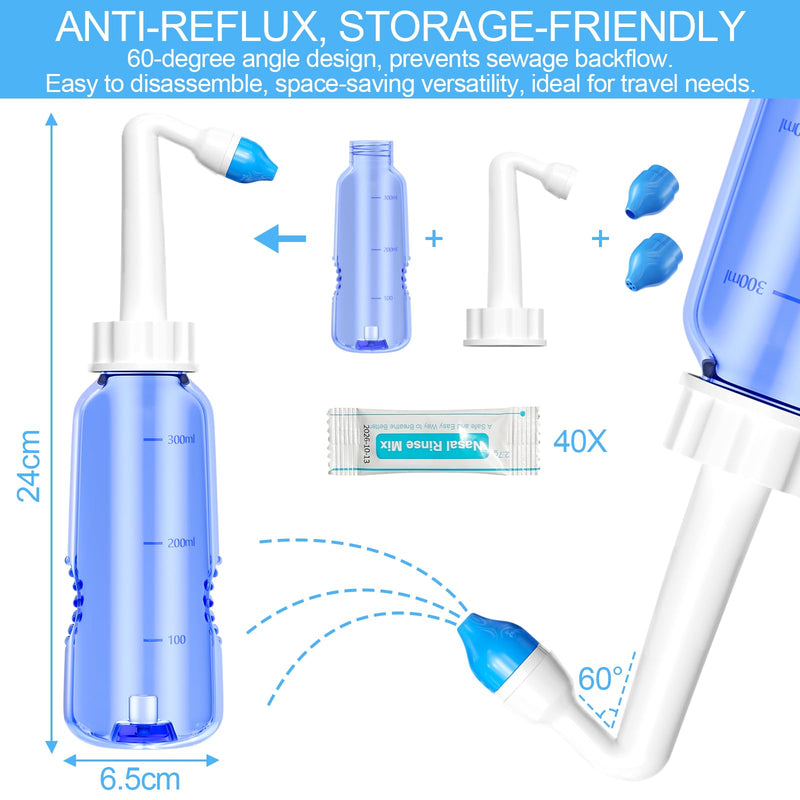 [Australia] - Rseuphiee nasal shower, 300 ml nasal rinse with 40 salt bags, nose cleaning and sinus care, nasal rinse salt for adults and children, nasal rinse for nasal cleansing for colds and allergies, BPA-free. 