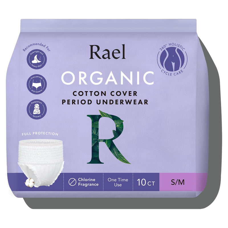 Rael Disposable Underwear for Women, Organic Cotton Cover - Incontinence Pads, Postpartum Essentials, Disposable Underwear, Unscented, Maximum Coverage (Size S-M, 10 Count) Overnight Panty Style (S-M) 10 Count (Pack of 1)