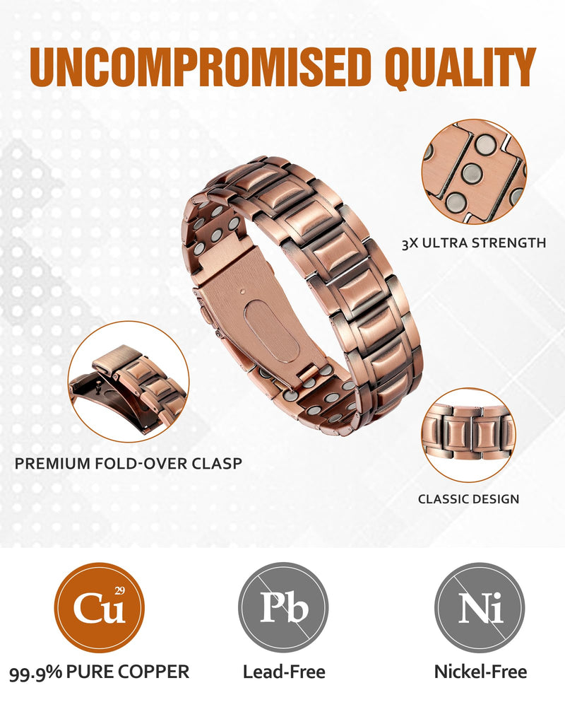 [Australia] - 3X Strength Copper Bracelets for Men, Magnetic Bracelets for Men with 3800 Gauss Magnets, Premium Fold-Over Clasp Copper-Rivet 