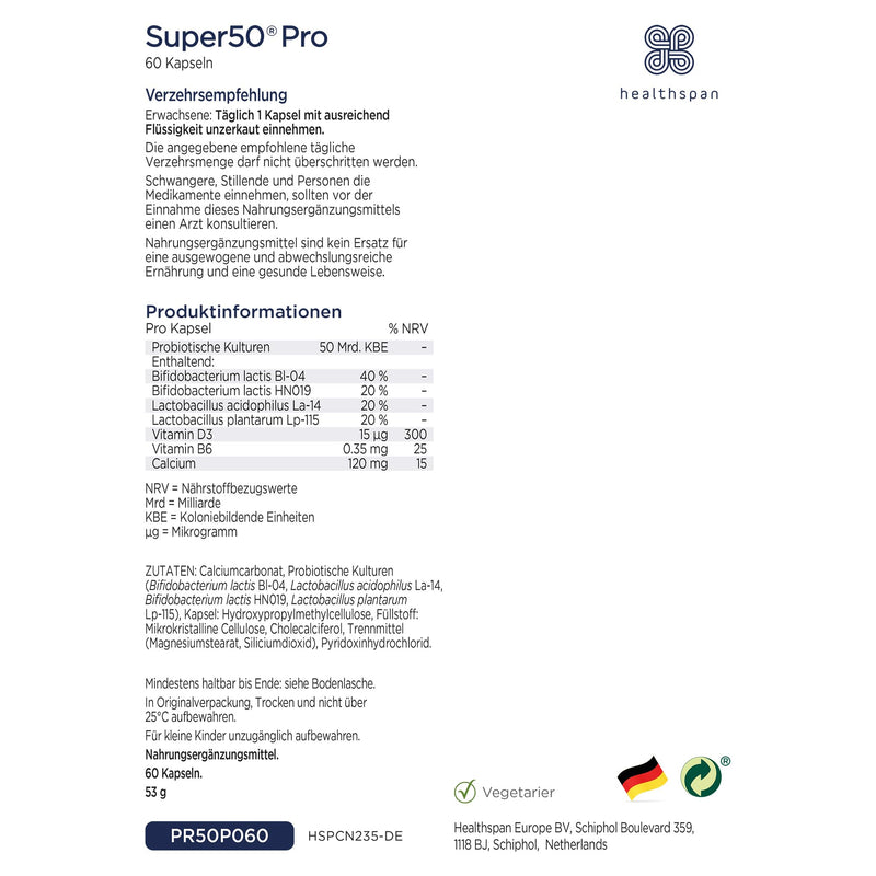 [Australia] - Healthspan Super50 Probiotic | Support for healthy intestinal flora with vitamin D3 and calcium | Reduces fatigue with vitamin B6 | High quality formula | Lactose free | Vegetarian | 60 capsules 