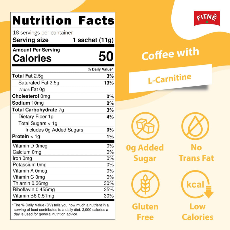 FITNE Instant 3 in 1 Coffee Packets Mix with L-Carnitine for Workout Exercise Vitamin B1 B2 B6 Smooth Blend No Sugar Sucralose Sweetener, 18 Sachets 18 Count (Pack of 1)
