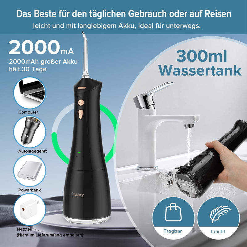 [Australia] - Orisary Oral Irrigator Wireless Electric Tooth Cleaner, 5 Modes & 5 Nozzles, 300ML Water Tank Rechargeable Dental Irrigator Double Water Teeth Flosser IPX7 Waterproof for Cleaning When Traveling Black 