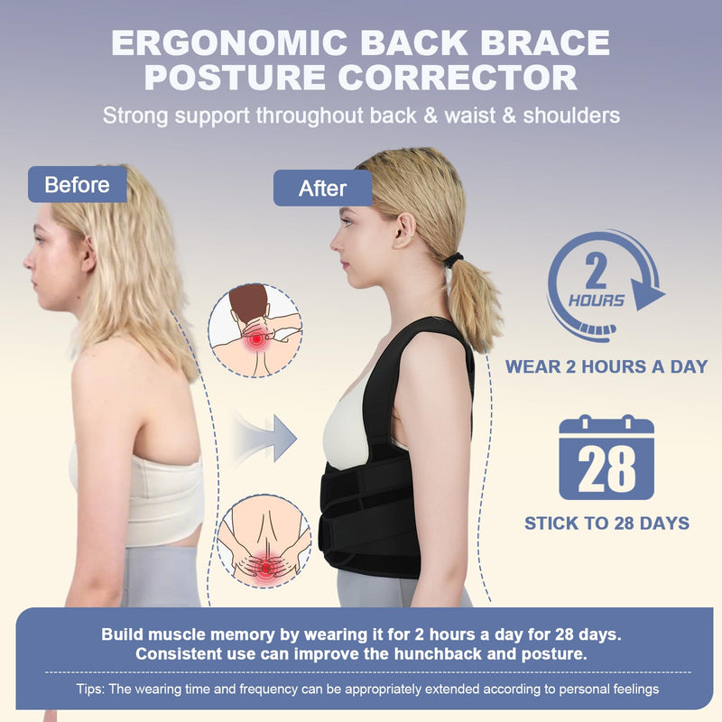 [Australia] - Posture Corrector for Women and Men Upgraded Back Brace, Adjustable Back Support for Upper and Lower Back Pain Relief, Shoulder Straightener for Hunchback, Scoliosis, Lumbar, Spine (Black, Large) Black 