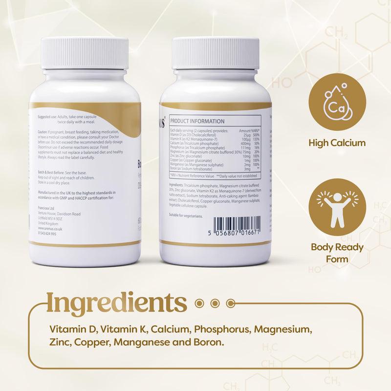 Vitamin D3 + K2 MK-7 with Calcium & Magnesium – Complete Bone Strength & Muscle Support Formula – 60 Capsules – High Strength, Made in UK