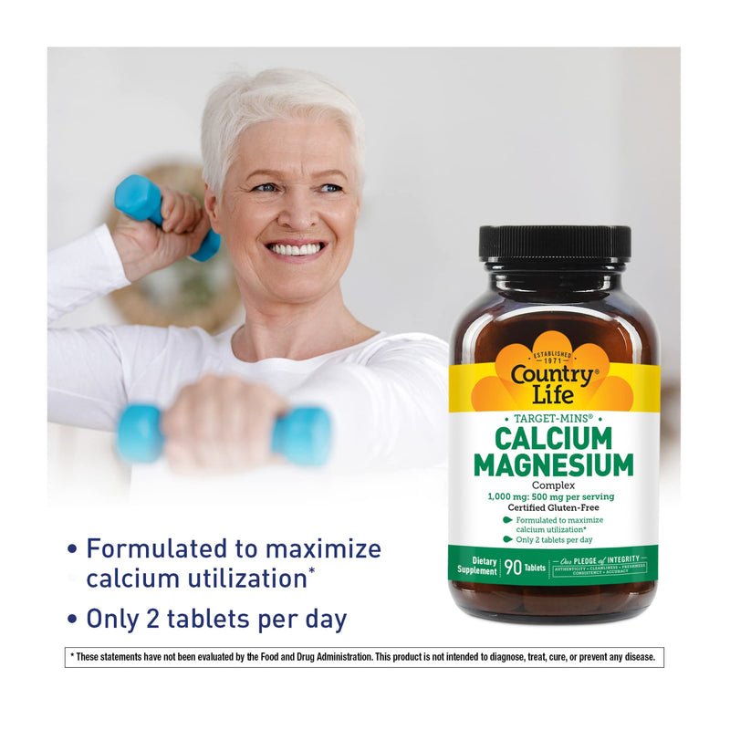 [Australia] - Country Life Target-Mins Calcium Magnesium Complex 1000mg/500mg, 90 Tablets, Certified Gluten Free, Certified Vegan, Certified Non-GMO Verified 90 Count (Pack of 1) 