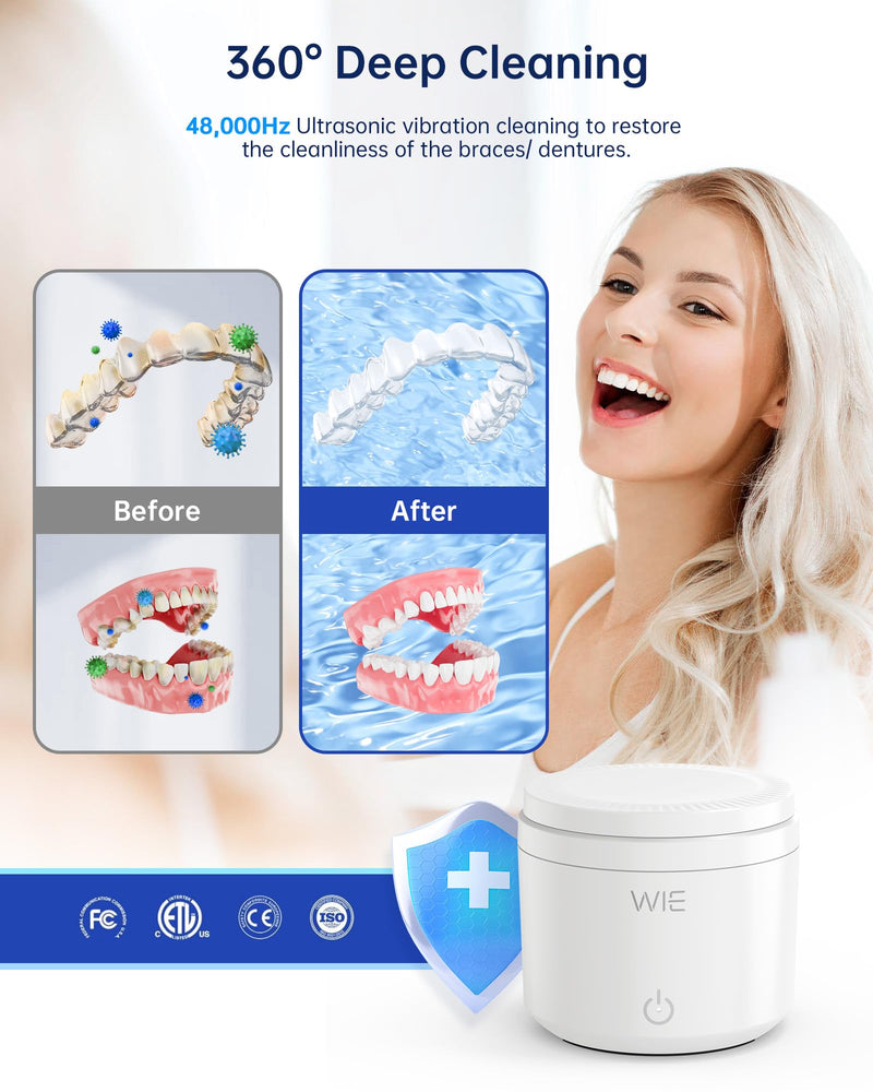 [Australia] - Ultrasonic Retainer Cleaner Machine, 48kHz Retainer Cleaner for Dentures, Night Mouth Guards,Jewelry Cleaner, Aligner, Toothbrush Head, 200ML Portable UV Retainer Cleaning Pod - 2 Modes,White White 