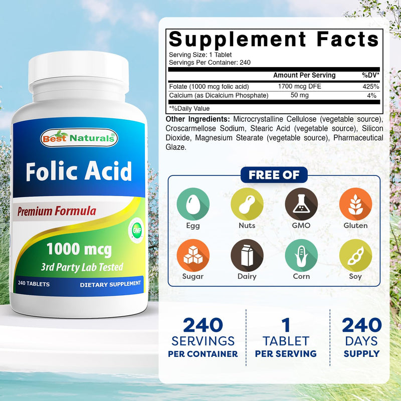 Best Naturals Folic Acid 1000 mcg (Vitamin B9), 240 Tablets (1000 mcg (Pack of 3)) 1000 mcg (Pack of 3)