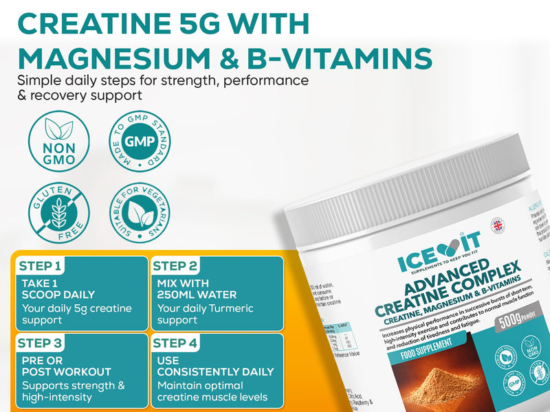 Creatine Monohydrate Powder 500g – Micronised 200 Mesh – 5g Per Serving (71 Servings) – Creatine Complex with Magnesium, Vitamin B6 & B12 – Raspberry & Blueberry Flavour – Vegan