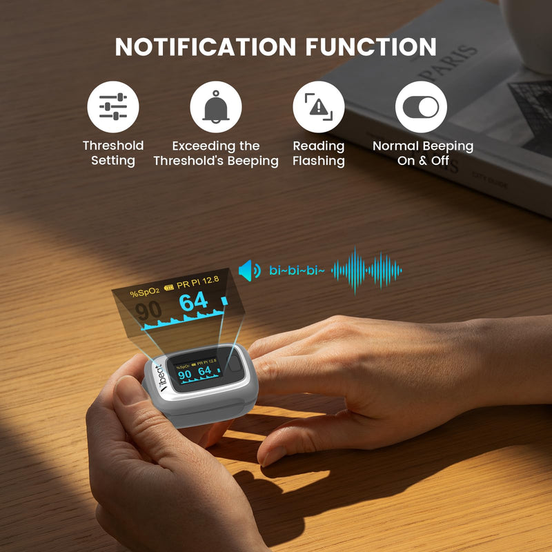 Vibeat Fingertip Pulse Oximeter with Bluetooth, Blood Oxygen Saturation Monitor with APP, Finger SPO2 Meter with Batteries and Lanyard, Gray