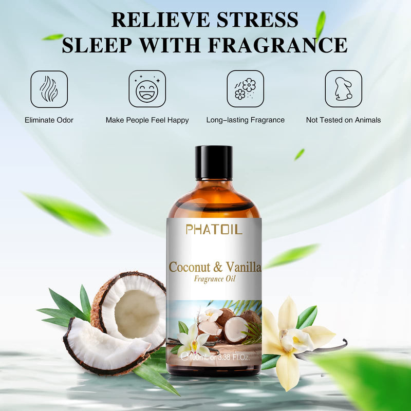 [Australia] - 3.38FL.OZ Coconut & Vanilla Fragrance Oils for Aromatherapy, Essential Oils for Diffusers for Home, Perfect for Diffuser, Yoga, DIY Candle and Soap Making - 100ml 