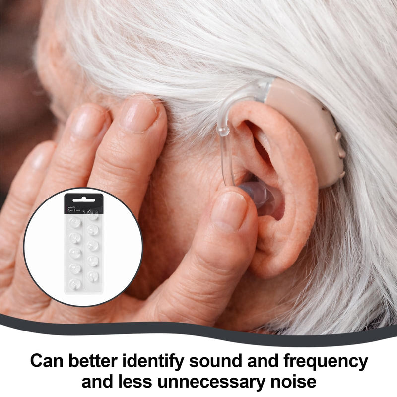 Hearing Aid Domes, Pack of 10, 8 mm Open Silicone Replacement Domes, Transparent, Compatible with Oticon Minifit Hearing Aids