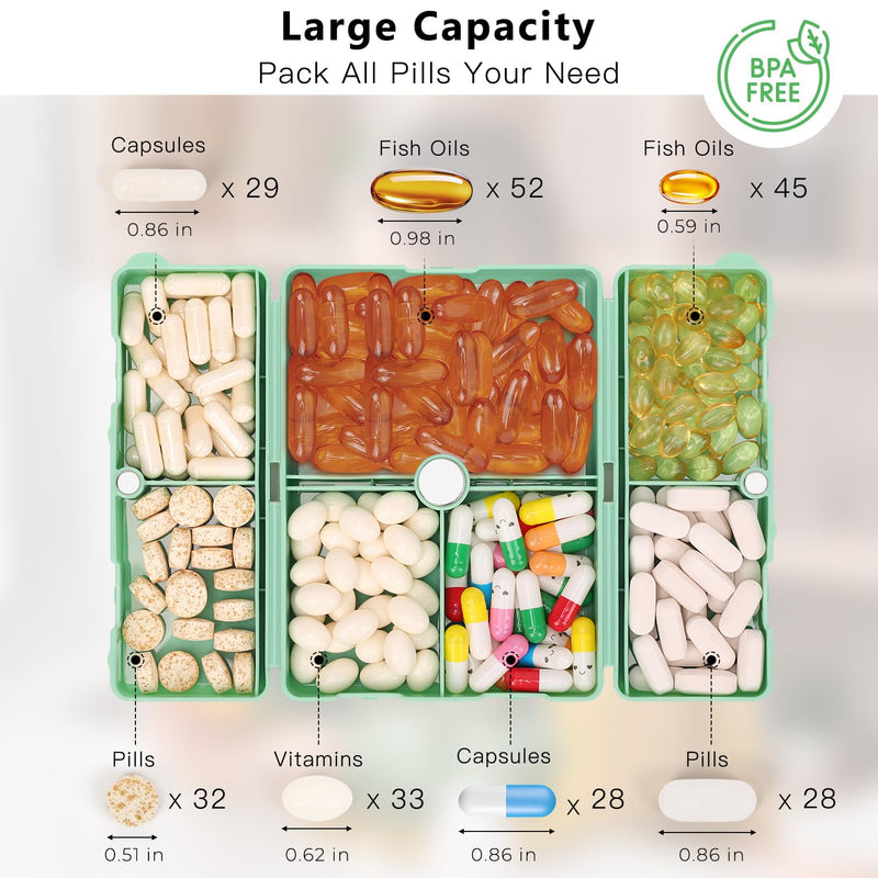 FYY Travel Pill Organizer,7 Compartments Large Pill Box Medicine Case-Green | Easy to Use, Privacy Protection,Magnetic Foldable Large Pill Case for Purse or Pocket to Hold Vitamins,Supplements,Medication Large (1 Piece) Green