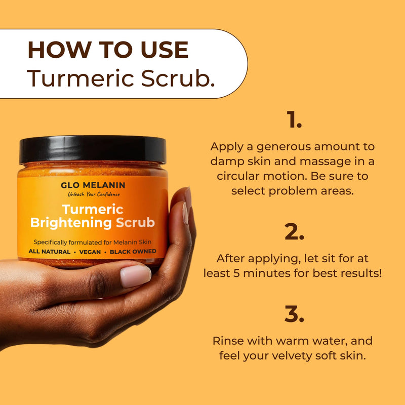 Glo Melanin Turmeric Brightening Scrub for Dark Spots [4 oz] | Includes Jojoba Oil - Sea Salt & Vitamin E, Brightening for Inner Thighs - Bikini Area - Underarms, Natural, Exfoliating 7 Ounce (Pack of 1)