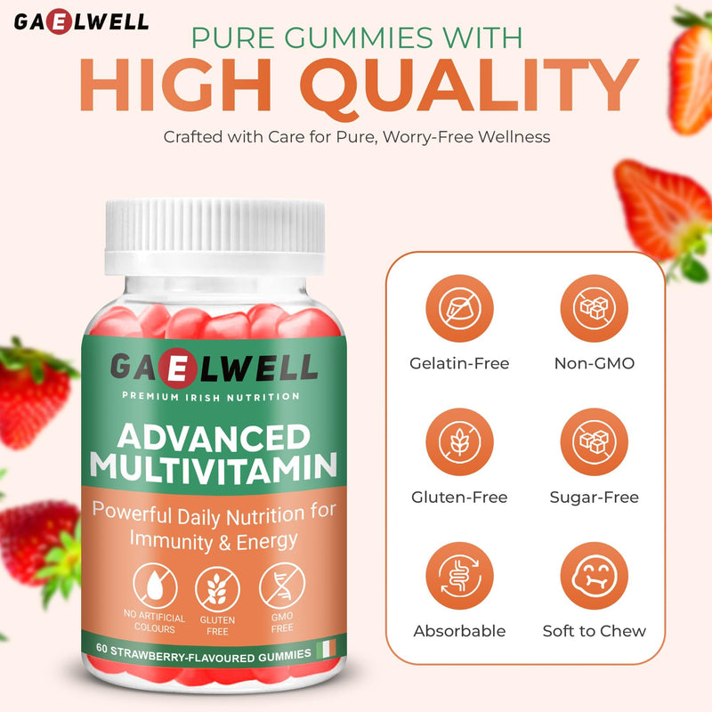 Multivitamin Gummies for Adults | 12 Essential Vitamins & Minerals with B-Complex, Zinc & Magnesium | Gluten & Sugar Free | Daily Supplement | Strawberry Flavour | 60 Gummies Gaelwell®