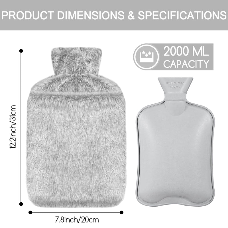 [Australia] - Jsdoin Hot Water Bottle with Cover - 2.0L Hot Water Bottles Leak-Proof, Natural Rubber + Bed Bottle Fluffy, Hot Water Bottle for Neck and Shoulder, Back, Legs, Waist Warming (Grey) Grey 