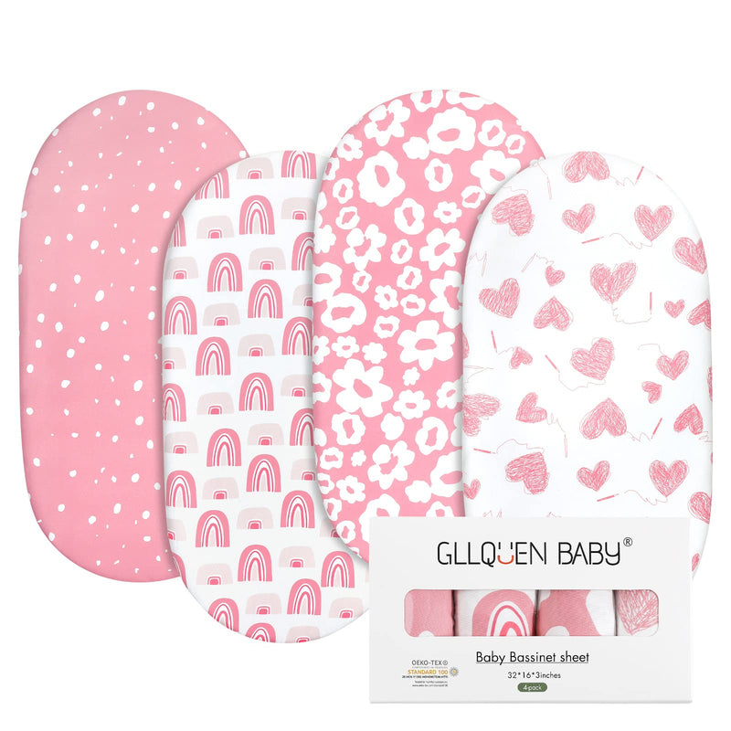 [Australia] - Gllquen Baby Bassinet Sheets 4 Pack, Breathable Cozy Fitted Mattress Sheet, Elastic Travel Crib Fashionable Floral Pattern, Standard Cradle Safe Sheets for Baby Boy Girls 32"X16"(Love) Love 