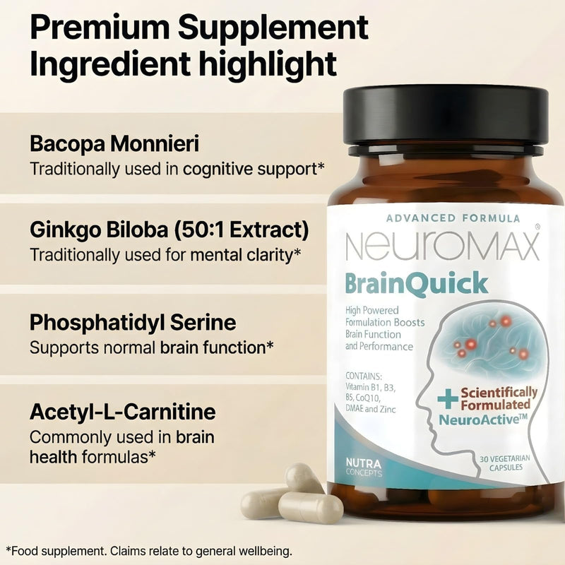 BrainQuick, Brain Support, Vegetarian Supplement 30 Capsules – Made in UK, Natural Cognitive Support for Memory, Focus, Mental Clarity with NeuroActive, Vitamin B1 B3 B5 CoQ10 DMAE and Zinc