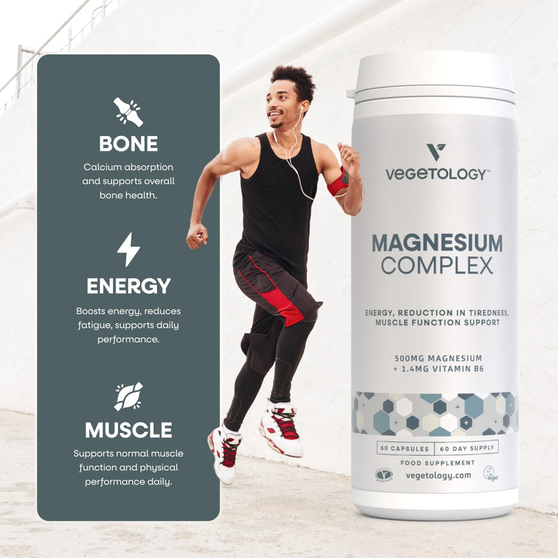 Vegetology Magnesium Supplements with Vitamin B6, 3-in-1 Complex, 60 Vegan Capsules, High Strength, Supports Energy, Muscle Function, and Overall Wellness, Age 11+