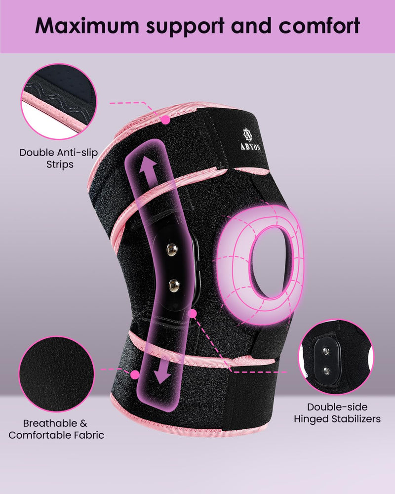 [Australia] - ABYON Hinged Knee Brace for Men & Women Meniscus Tear, ACL/MCL Pain, Arthritis - Maximum Knee Support with Metal Side Stabilizers, Adjustable 360° Wraparound Strap for Knee Pain and Post-Surgery Recovery - Please Check How To Size Video Large Black-Pink 