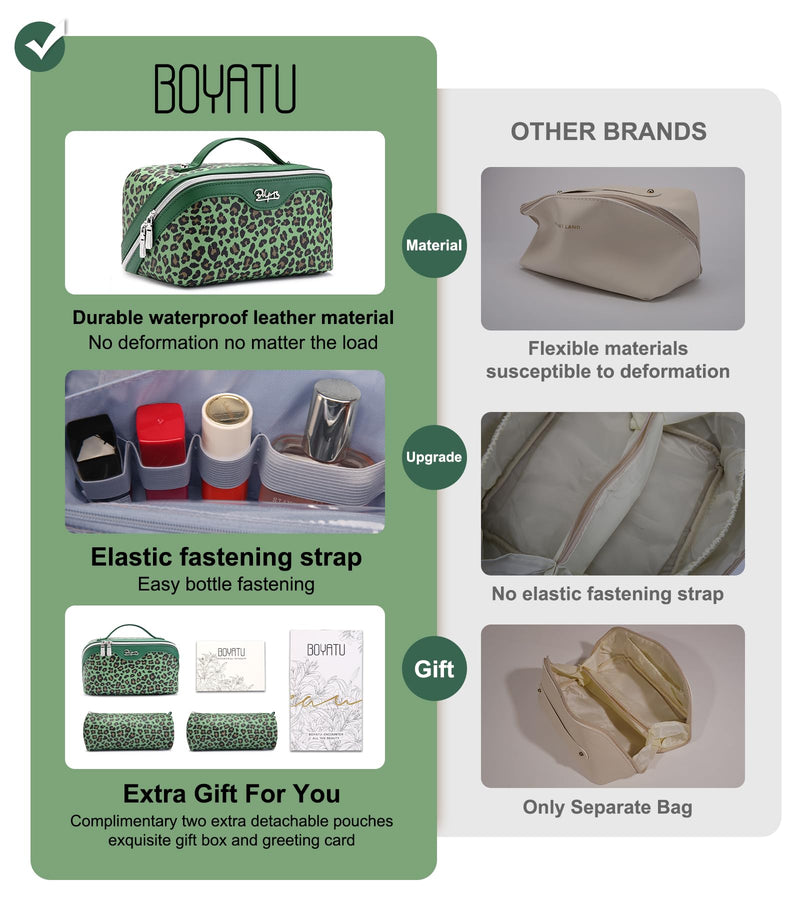 BOYATU Travel Makeup Bag Organizer: 3 Pcs Set Leopard Make up Bag for Women | Vegan Leather Cosmetic Bags with Compartments - Waterproof Toiletry Bag - 180° Open-Flat Make up Case for 3-15 Day Trips 09-Green