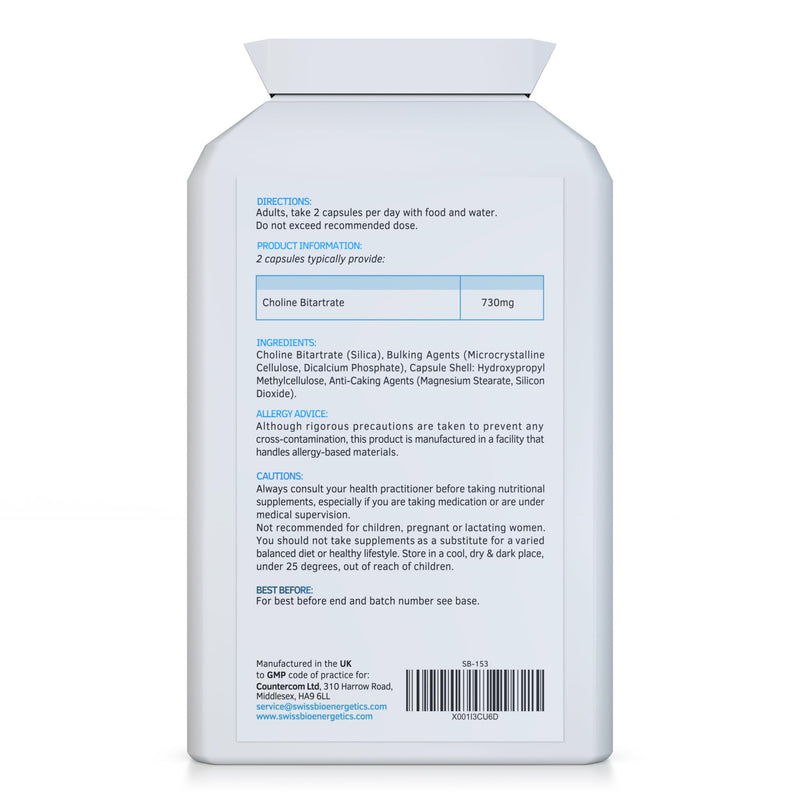 Choline Bitartrate 730mg Daily Dose, 120 Vegan Choline Supplement Capsules - UK Made Support for Healthy Liver Function and Fat Metabolism