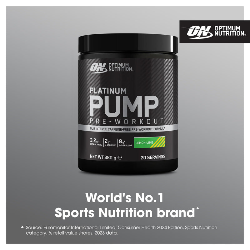 Optimum Nutrition ON Platinum Pump Pre-Workout, Intense Caffeine-Free Pre-Workout Food Supplement with Fruitflow, Beta-Alanine, L-Arginine, L-Citrulline, Lemon Lime Flavour, 20 Servings, 380 g