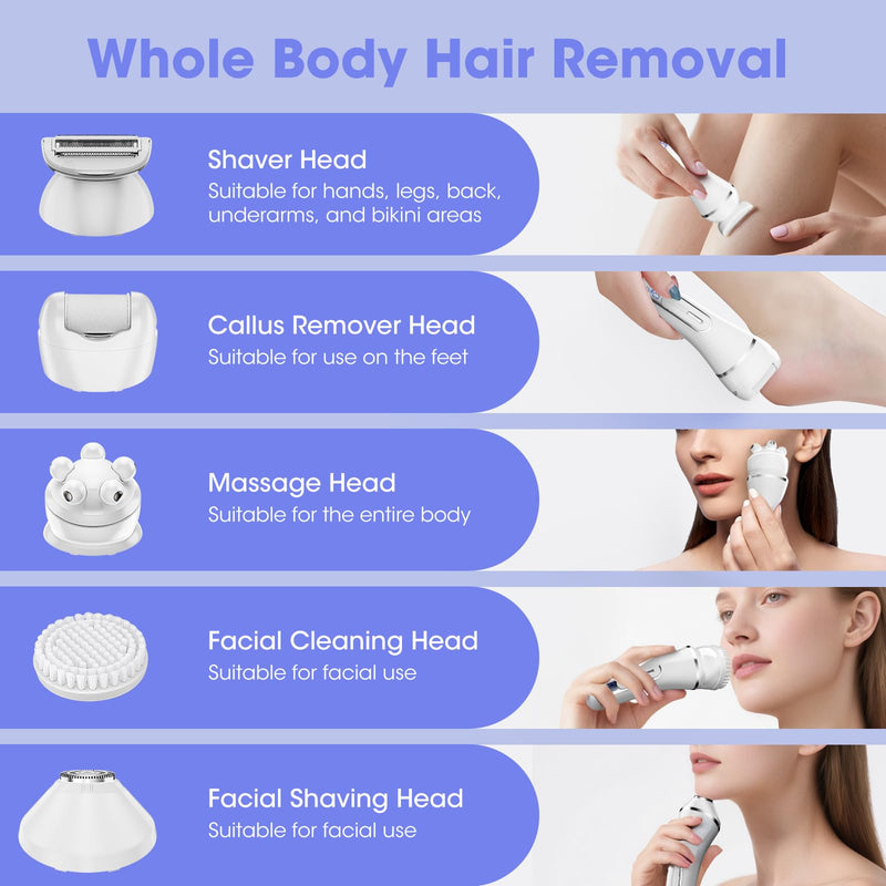 [Australia] - Epilator for Women, 7 in 1 Epilator Hair Removal for Women, Shaver, Bikini, Face Razor, Facial Brush, Face Massage and Body Exfoliator, Waterproof Painless Lady Shaver (White 227) 