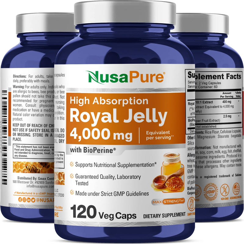 [Australia] - NusaPure Royal Jelly 4000mg - 120 Veggie Capsules (Non-GMO, Gluten Free, Bioperine) 
