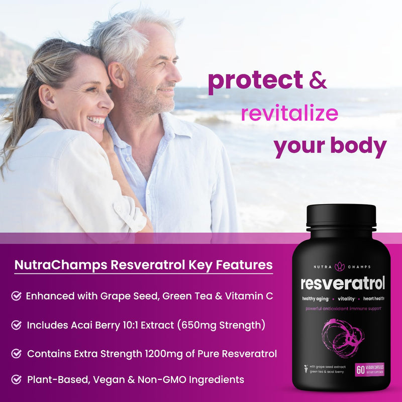 [Australia] - Resveratrol Supplement | Extra Strength Formula for Healthy Aging, Immune Support & Heart Health | 60 Vegan Capsules with Trans-Resveratrol, Green Tea Leaf, Acai Berry & Grape Seed Extract 