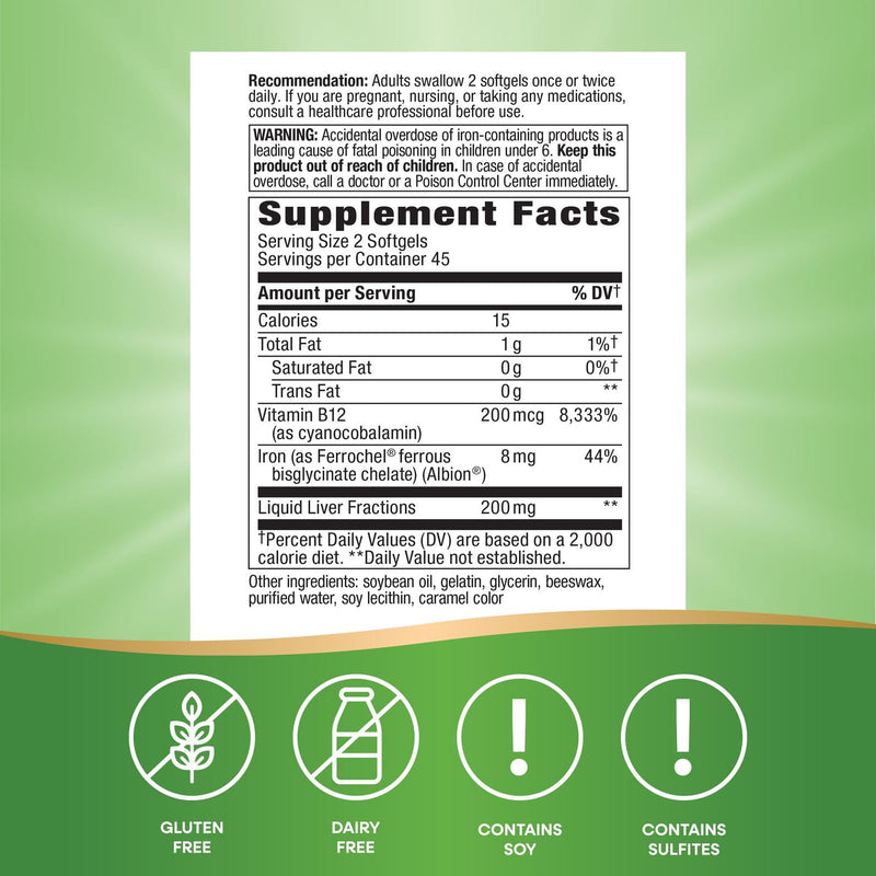 Nature's Way Energizing Iron, Supports Healthy Red Blood Cells*, 8 mg Iron & 200 mcg Vitamin B12 per 2-Softgel Serving, No Gluten, 90 Softgels (Packaging May Vary)