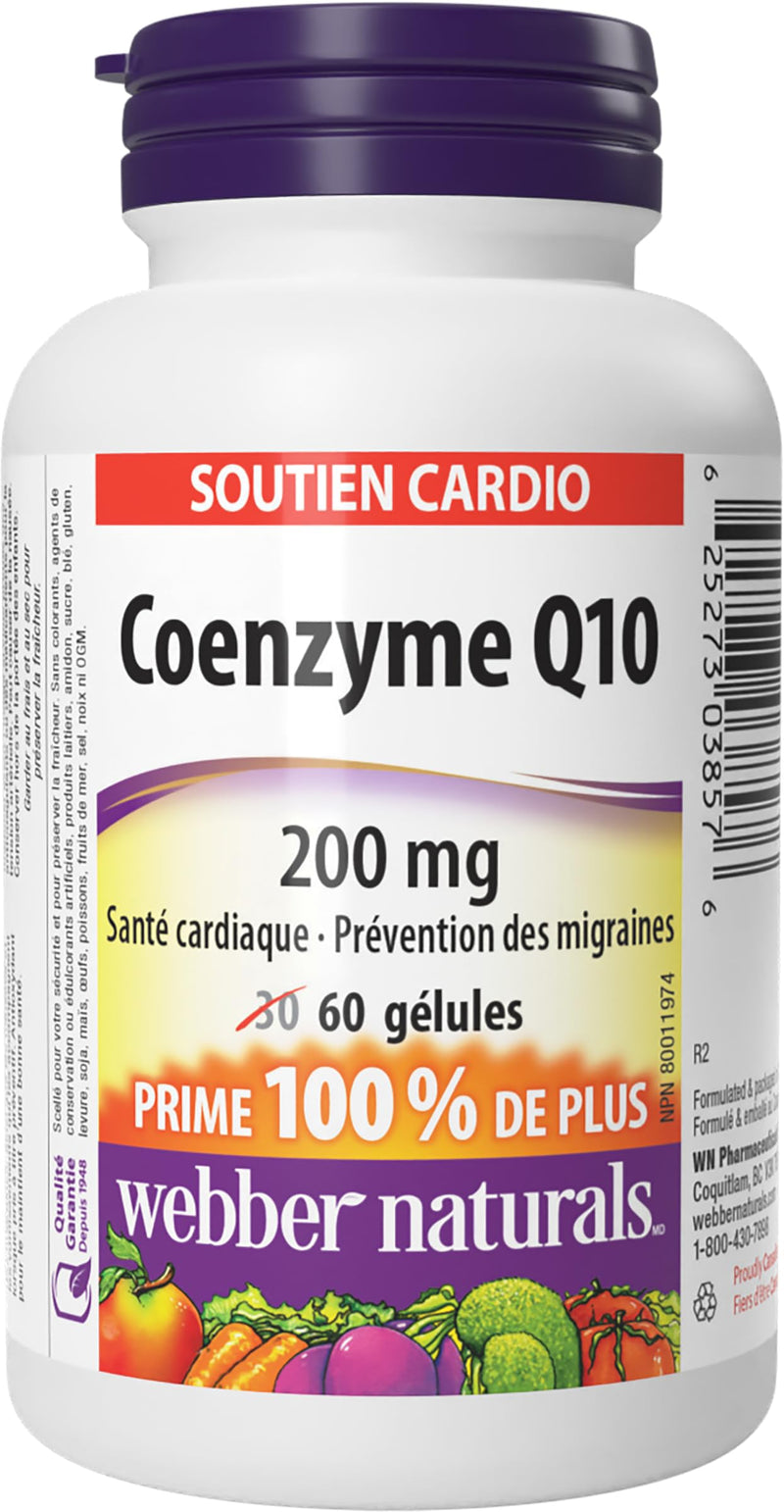 Webber Naturals CoQ10 200mg, Coenzyme Q10 Supplement, 60 Softgels | High Potency Co Q10 Antioxidant Supplement for Heart Health & Cellular Energy Production, 60 Day Supply, Gluten Free