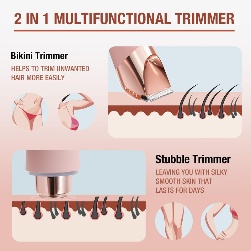 [Australia] - SUPRENT Bikini Trimmer Women- Painless Ladies Hair Removal Waterproof Wet & Dry- 2 in 1 Lady Shaver for Pubic Hair & Facial Hair- Cordless Electric Razors with USB-C Rechargeable-Pink Pink 