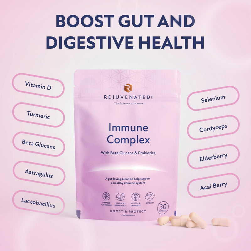 Rejuvenated Immune Complex Capsules - Prebiotics, Probiotics and Immune System Booster - Gut Loving Blend for Immune Support with Beta Glucans & Probiotics (30 Capsules)