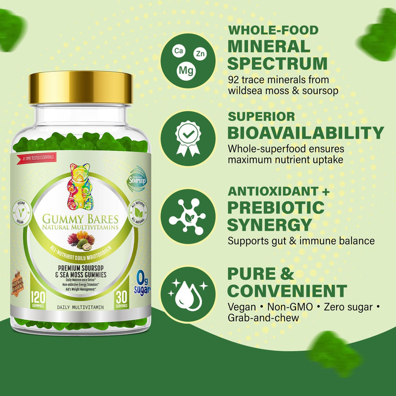 Sea Moss & Soursop Gummies - Organic Irish Sea Moss, Sour SOP Multivitamin, Soursop Bitters, Seamoss & Sea Grapes | Vegan, Sugar-Free (120 ct) | Gummy Bares