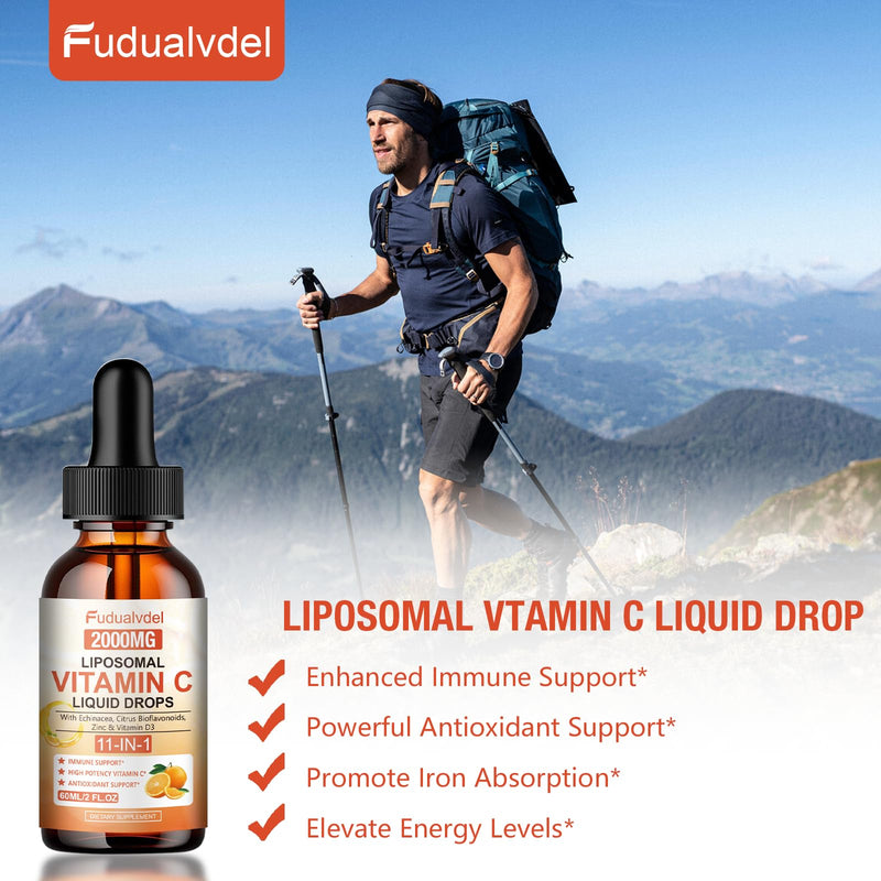 2 Pack Liquid Vitamin C Drops 2000mg, Liposomal Vitamin C Complex with High Absorption, Rose Hips, Echinacea, Citrus Bioflavonoids and Zinc for Immune System Support & Antioxidant Benefits,4 FL Oz. 2 Fl Oz (Pack of 2)