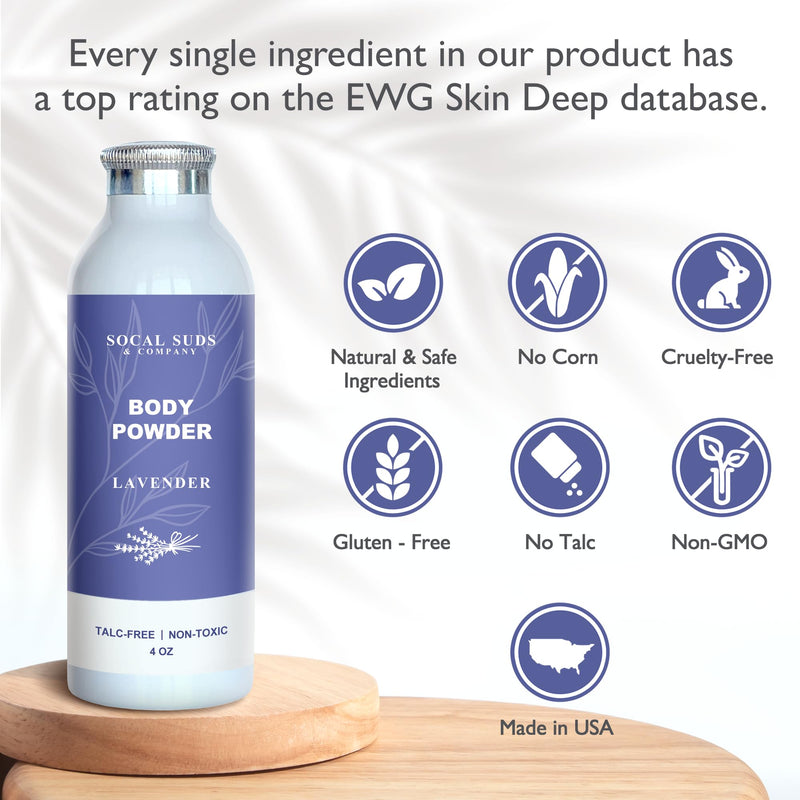 SoCal Suds & Company Natural Body Powder Talc-Free, Lavender, 4oz, 1-Pack | With Arrowroot Powder, Kaolin, Aspen Bark Extract for Soft Soothing Delicate Skin 4 Ounce, Body (1- Pack)